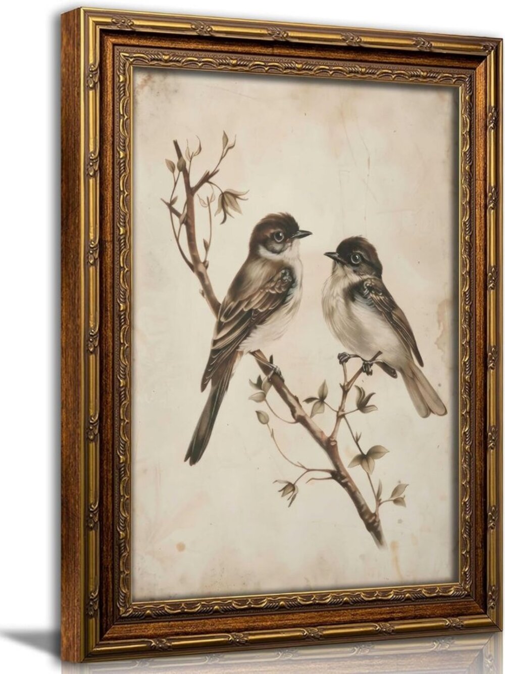 Vintage Gold Framed Bird Wall Art - Minimalist Canvas Print, Rustic Farmhouse